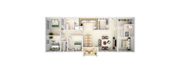 A white floor plan of a house with a kitchen, living room, and bedrooms.