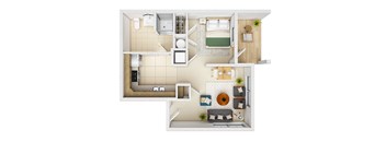 A top down view of a small apartment with a kitchen, living room, and bathroom.