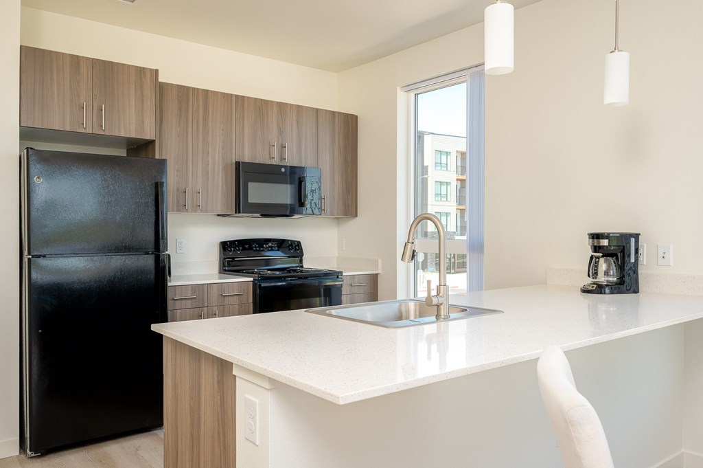 A black refrigerator is in a kitchen with a white counter.
