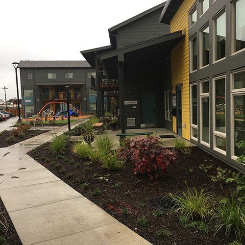 the front of a building with plants and a sidewalk