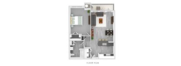 A floor plan of a small apartment with a kitchen, living room, and bathroom.
