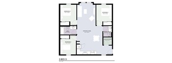 A 3 bedroom apartment layout with a kitchen, bath, and living room.