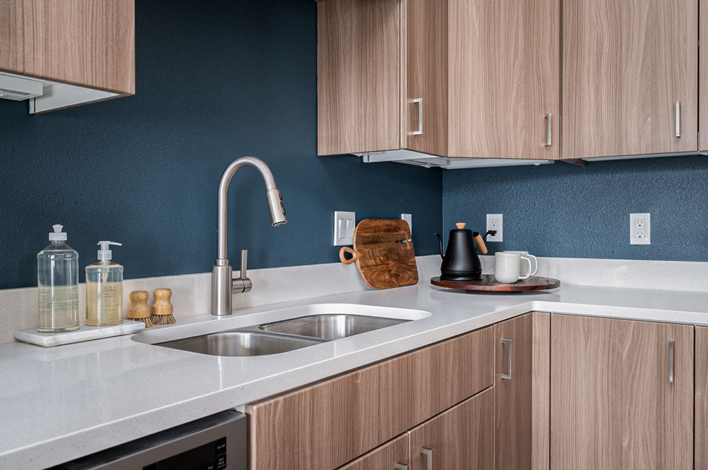 a kitchen with a sink and a faucet