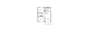 A floor plan of a house with a living room, dining room, kitchen, two bedrooms, a bathroom and a patio.