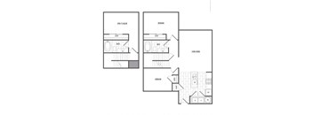 A floor plan of a house with a living room, two bedrooms, a bathroom, and a closet.