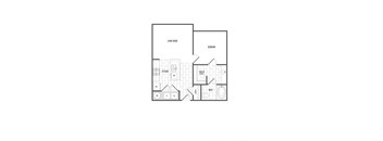 A black and white image of a house floor plan with a living room, bedroom, kitchen, bathroom, and laundry room.