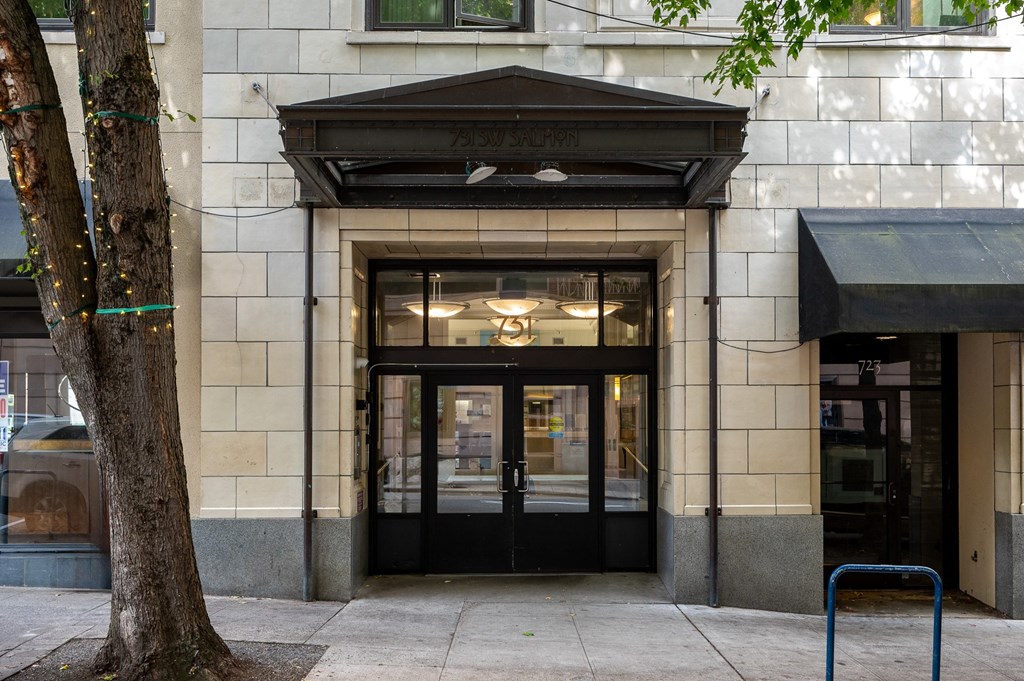 the entrance of a building with a black door and a tree
