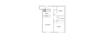 A floor plan of a house with a kitchen, living room, and two bedrooms.