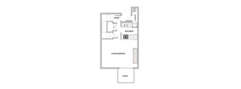 A floor plan of a house with an entry, kitchen, living/dining area, and a patio.