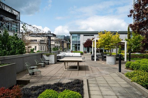 A patio with a table and chairs surrounded by greenery.
