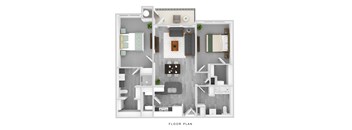 A floor plan of a small apartment with a kitchen, living room, and bathroom.
