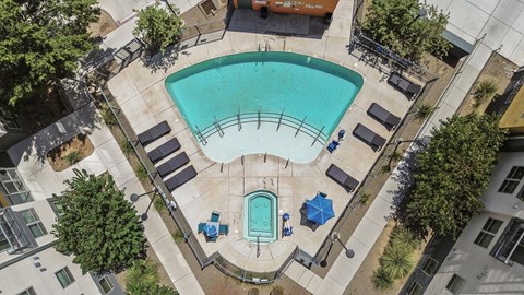 A swimming pool surrounded by lounge chairs and trees.