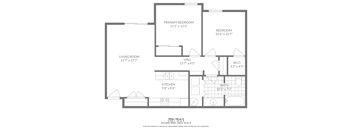 A floor plan of a house with a living room, kitchen, two bedrooms, a bathroom, and a hallway.