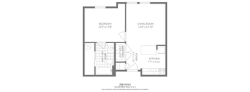 A floor plan of a small apartment with a bedroom, living room, laundry area, and kitchen.