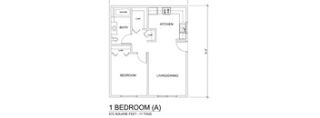 A floor plan of a 1 bedroom apartment sized at 672 square feet.
