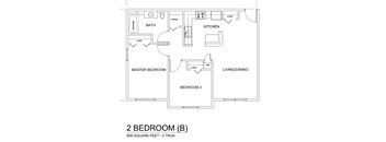 A floor plan of a 2 bedroom apartment with a living room and kitchen.
