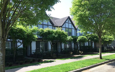 a house with a sidewalk and trees in front of it