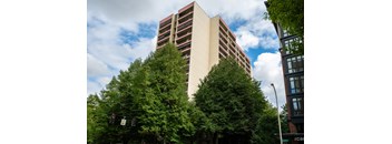 a tall building with trees in front of it