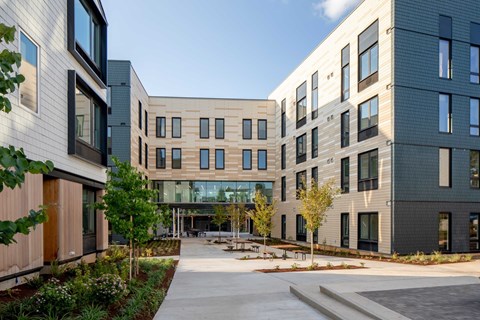 A modern building with a courtyard in the middle.