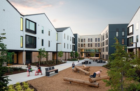 a rendering of a courtyard with children playing