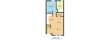 A floor plan of a studio apartment with a bedroom, bathroom, kitchen, dining area, living room, and storage space.