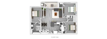 A floor plan of a small apartment with two bedrooms and a living area.