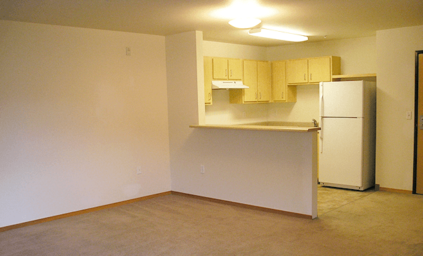 an empty kitchen with a refrigerator and a sink