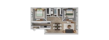 A top-down view of a well-organized living space with a kitchen, dining area, and two bedrooms.