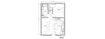A floor plan of a unit with a living room, kitchen, bathroom and bedroom.