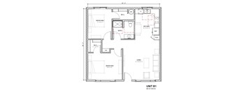 A floor plan of a unit with two bedrooms, a living room, a kitchen, a bathroom, a linen closet, a laundry area, and a pantry.