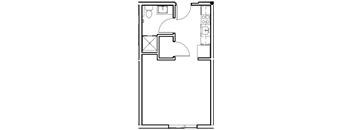 a floor plan of a small room with a bed and a desk