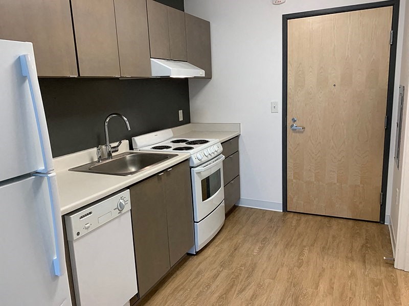 a kitchen with a stove and a sink and a refrigerator