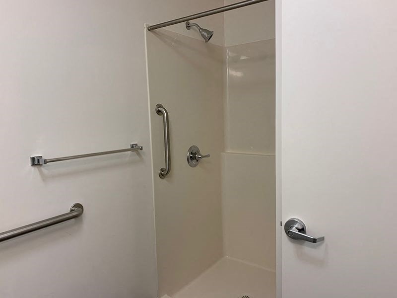 a bathroom with a shower and two grab bars