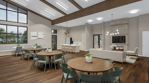 a dining room and living room with tables and chairs