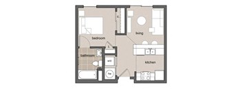 A floor plan of a small apartment with a bedroom, bathroom, kitchen, and living room.
