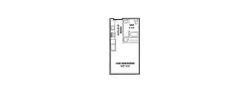 A floor plan of a living room with a bathroom.