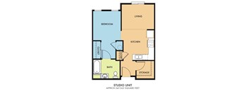 A floor plan of a studio unit with a living area, kitchen, bedroom, bathroom, and storage space.