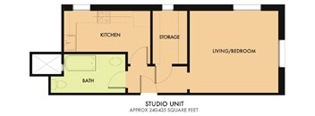 A floor plan of a studio apartment with a kitchen, bath, living/bedroom, and storage area.