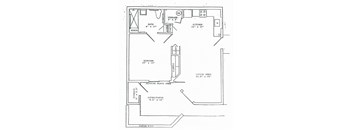 A floor plan of a house with a living room, bedroom, bathroom, kitchen, and storage.