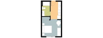 A floor plan of a room with a bed, a desk, and a toilet.