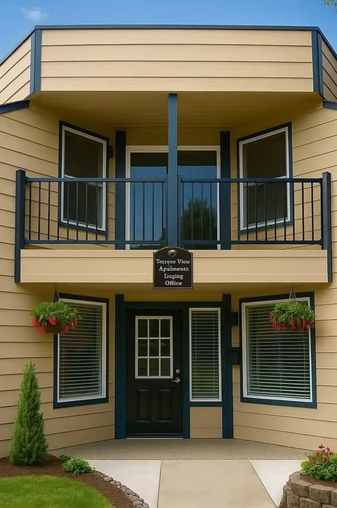A two-story building with a balcony and a sign that says "Temporary View" and "Apartments".