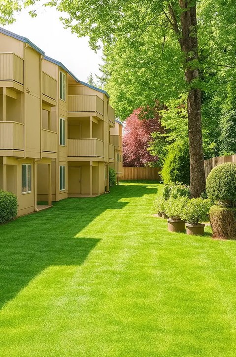 A long grass lawn in front of apartment buildings.