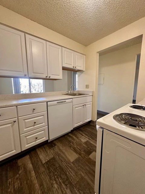 A kitchen with white cabinets and a white dishwasher.