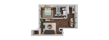 A top-down view of a small, neatly organized apartment with a bed, a couch, a kitchenette, and a dining area.
