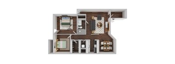 A 3D rendered image of a house layout.