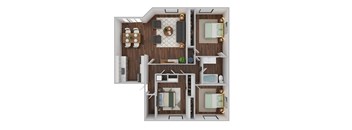 A top-down view of a small apartment with a kitchen, living room, and two bedrooms.