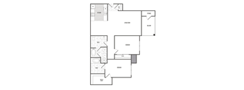 A floor plan of a house with a kitchen, living room, and two bedrooms.