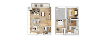 two floor plans of a house with a bedroom and a living room