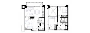 a floor plan of a house with rooms and a staircase