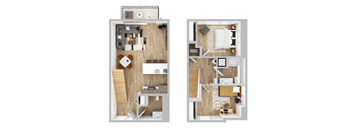 two floor plans of a house with a bedroom and a living room
